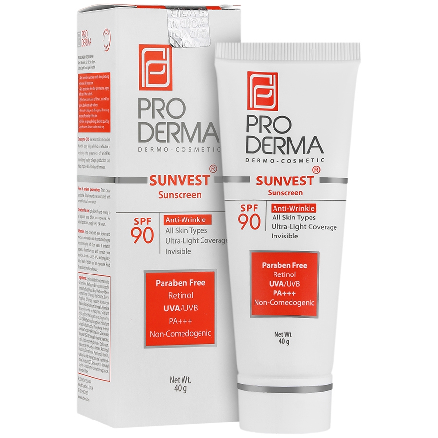 کرم ضد آفتاب و ضد چروک SPF90 بی رنگ پرودرما Pro Derma Sunvest Sunscreen Anti Wrinkle Cream SPF90