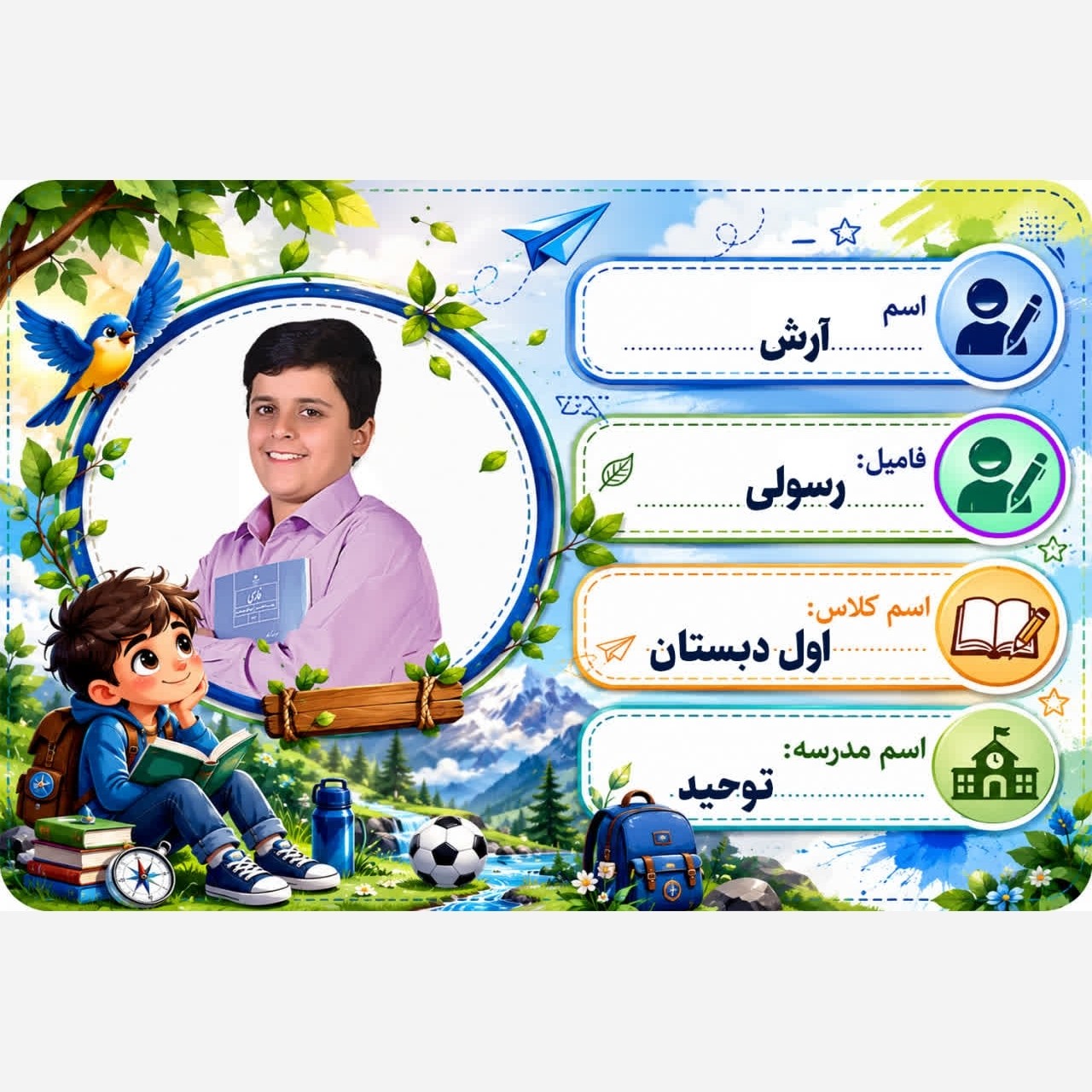 برچسب کتاب مدرسه 18 عددی با عکس و اسم دانش آموز طرح پسر و رود
