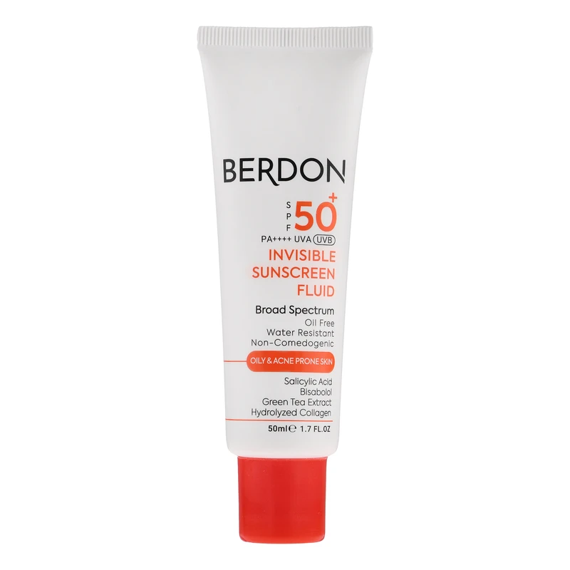 فلوئید ضد آفتاب بدون رنگ صورت بردون spf50 مدل Broad Spectrum محافظ UVA،UVB مناسب پوستهای چرب و آکنهدار حجم 50 میلی لیت