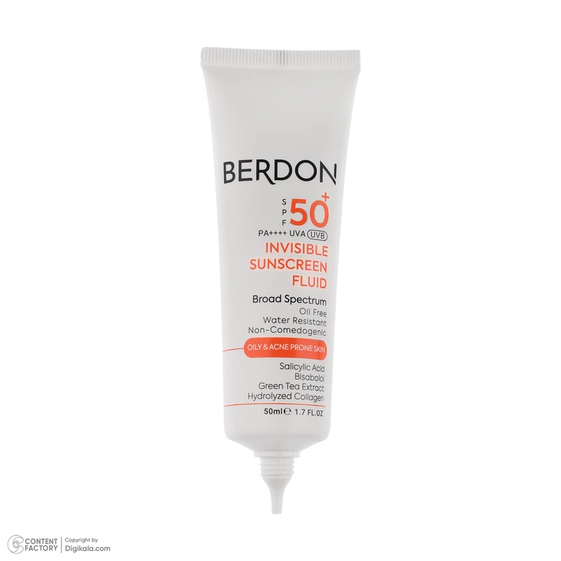 فلوئید ضد آفتاب بدون رنگ صورت بردون spf50 مدل Broad Spectrum محافظ UVA،UVB مناسب پوستهای چرب و آکنهدار حجم 50 میلی لیت