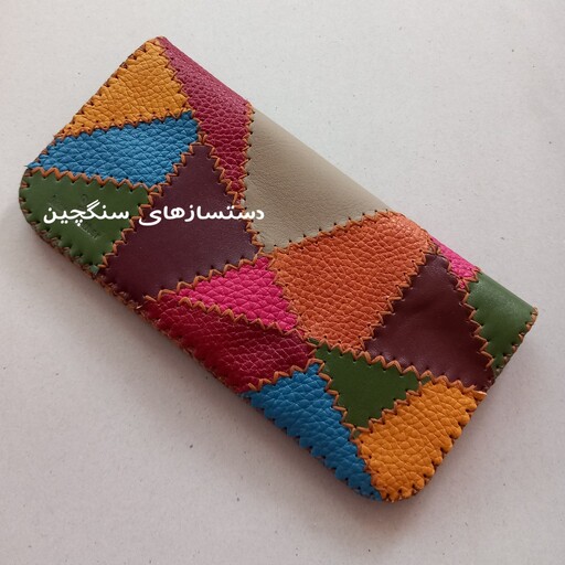 کیف پول چرم طبیعی گاو چهل تکه رنگارنگ کیف پول رنگین کمانی با 8 جای کارت کد 5 ( کاملا  دست دوز)