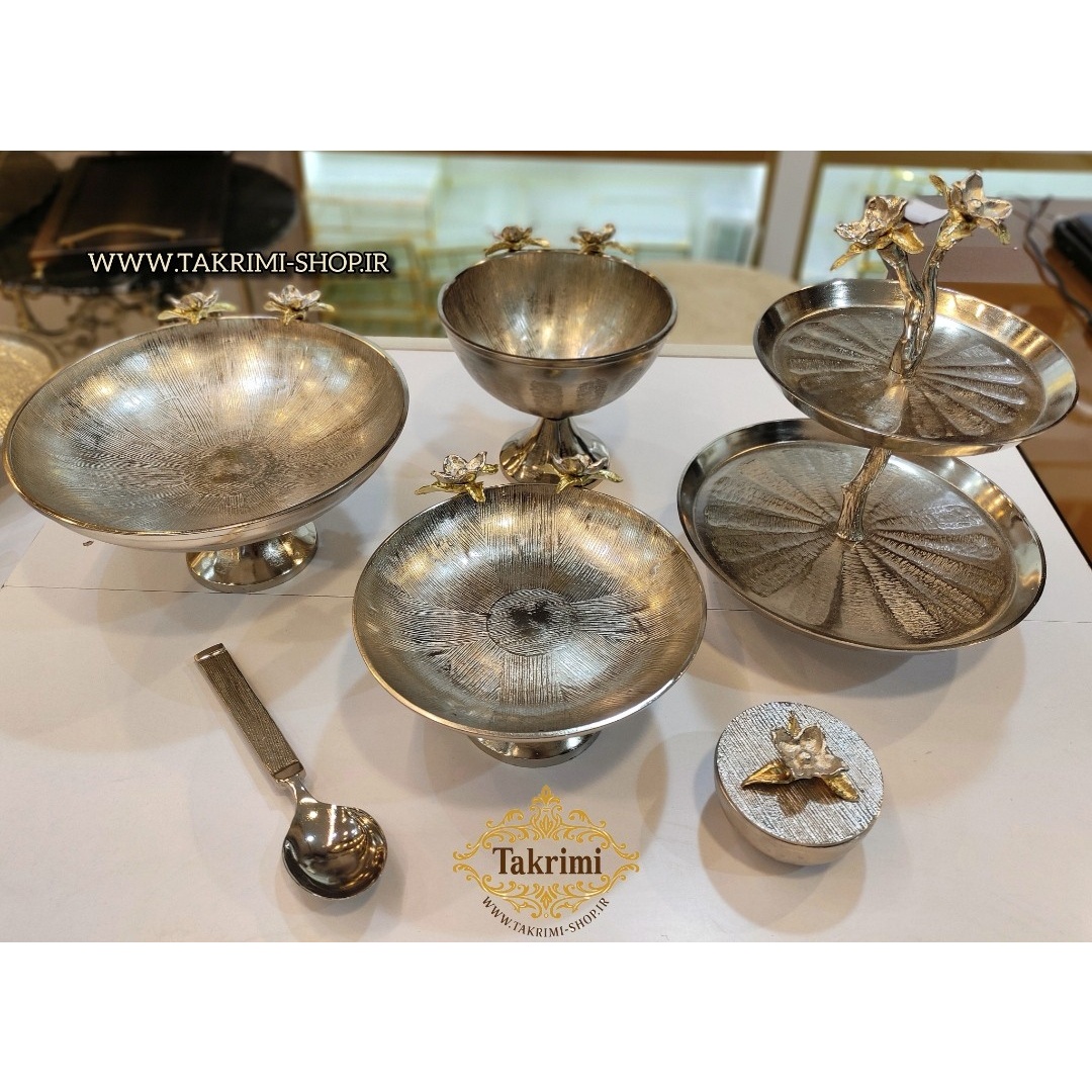 سرویس پذیرایی 6 تکه 6 پارچه نیلوفر نقره ای آلومینیومی آلیاژی ( تولیدی تکریمی شاپ )