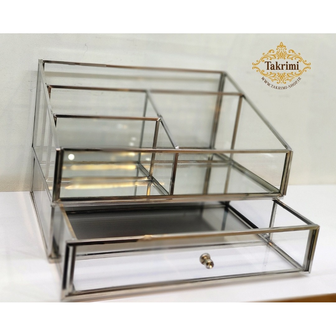 استند لوازم آرایشی جای لوازم آرایشی کشو دار نقره ای جنس اصلی ، شیشه و استیل خالص ( تولیدی تکریمی شاپ )