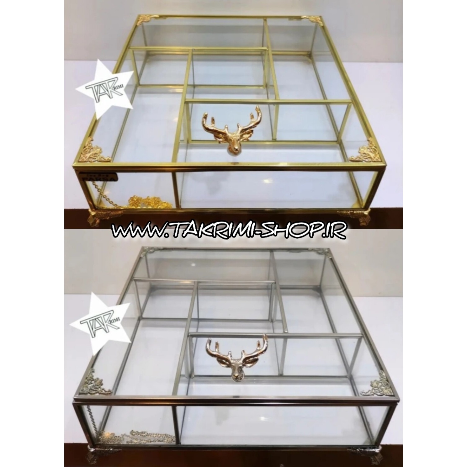 تی بگ تی باکس تیبگ مربع سایز بزرگ اصلی جنس شیشه و برنج خالص ( 2 رنگ نقره ای و طلایی )