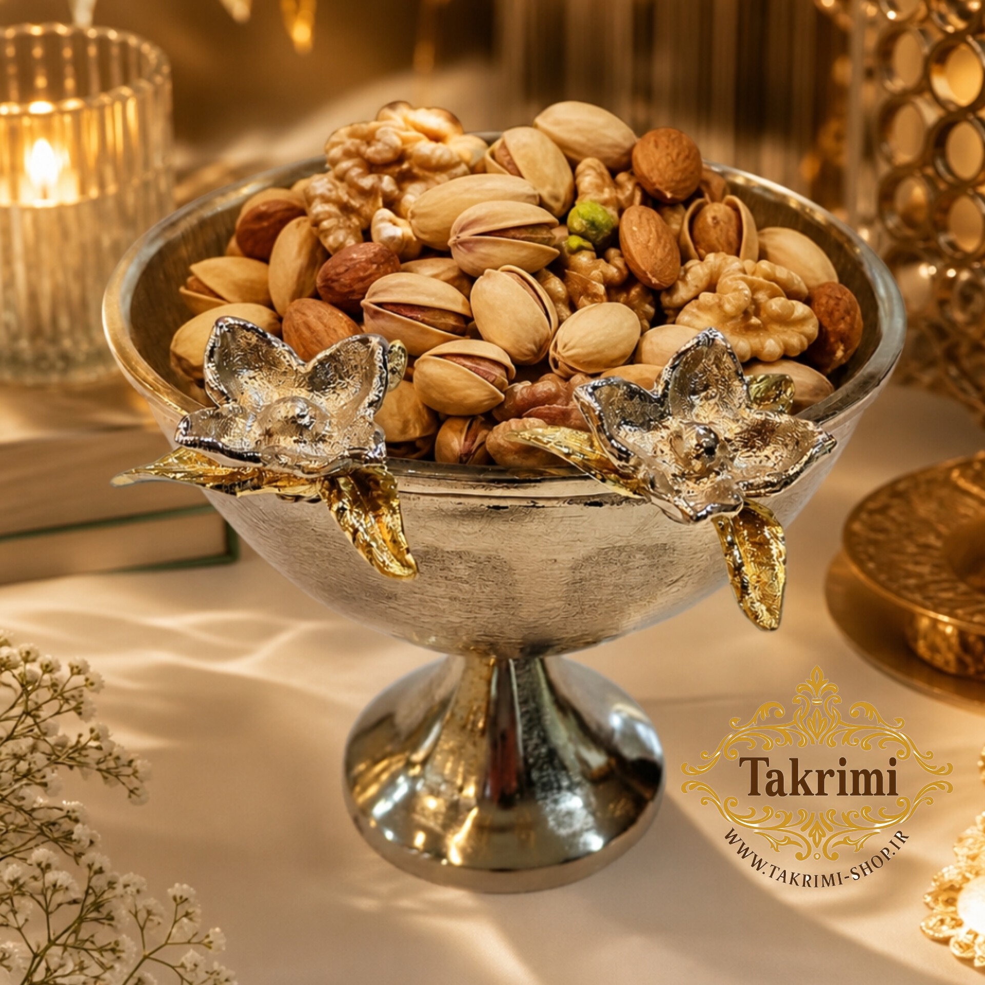 ظرف کاسه آجیل خوری نیلوفر نقره ای آلومینیومی آلیاژی ( تولیدی تکریمی شاپ )