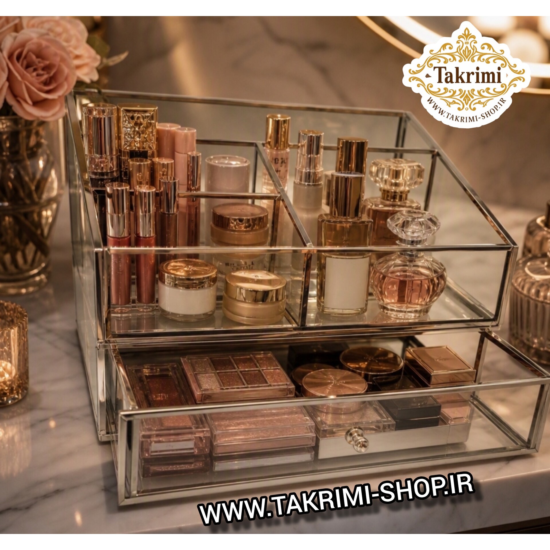 استند لوازم آرایشی جای لوازم آرایشی کشو دار نقره ای جنس اصلی ، شیشه و استیل خالص ( تولیدی تکریمی شاپ )