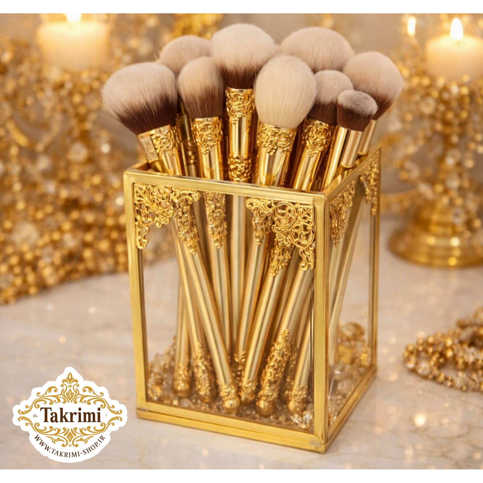 استند جابراشی جا براشی ( کوچک ) جای براشی لوازم آرایشی مداد باکس طلایی شیشه ای برنجی