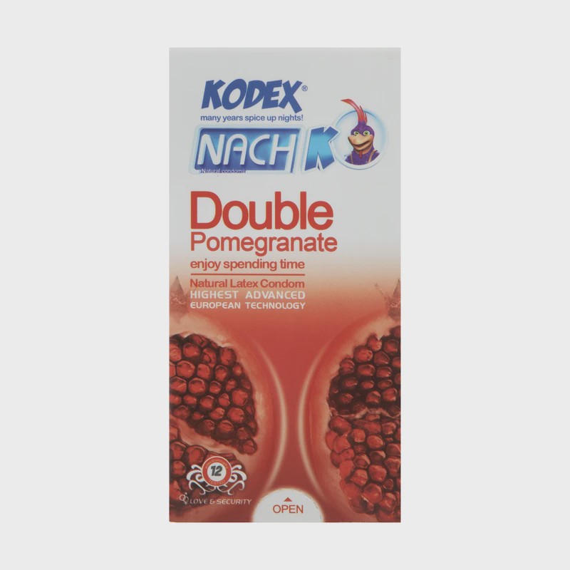 کاندوم لاتکس طبیعی ناچ کدکس مدل Double Pomegranate با عصاره انار، خاصیت تنگ کنندگی، مواد روان کننده، اسانس تحریک کنند...