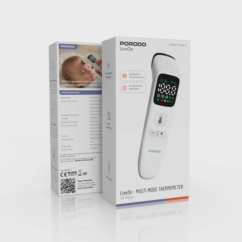 تب سنج دیجیتال پورودو مدل PDFCIR202WH Porodo LiveOn MULTI-MODE THERMOMETER LED Display