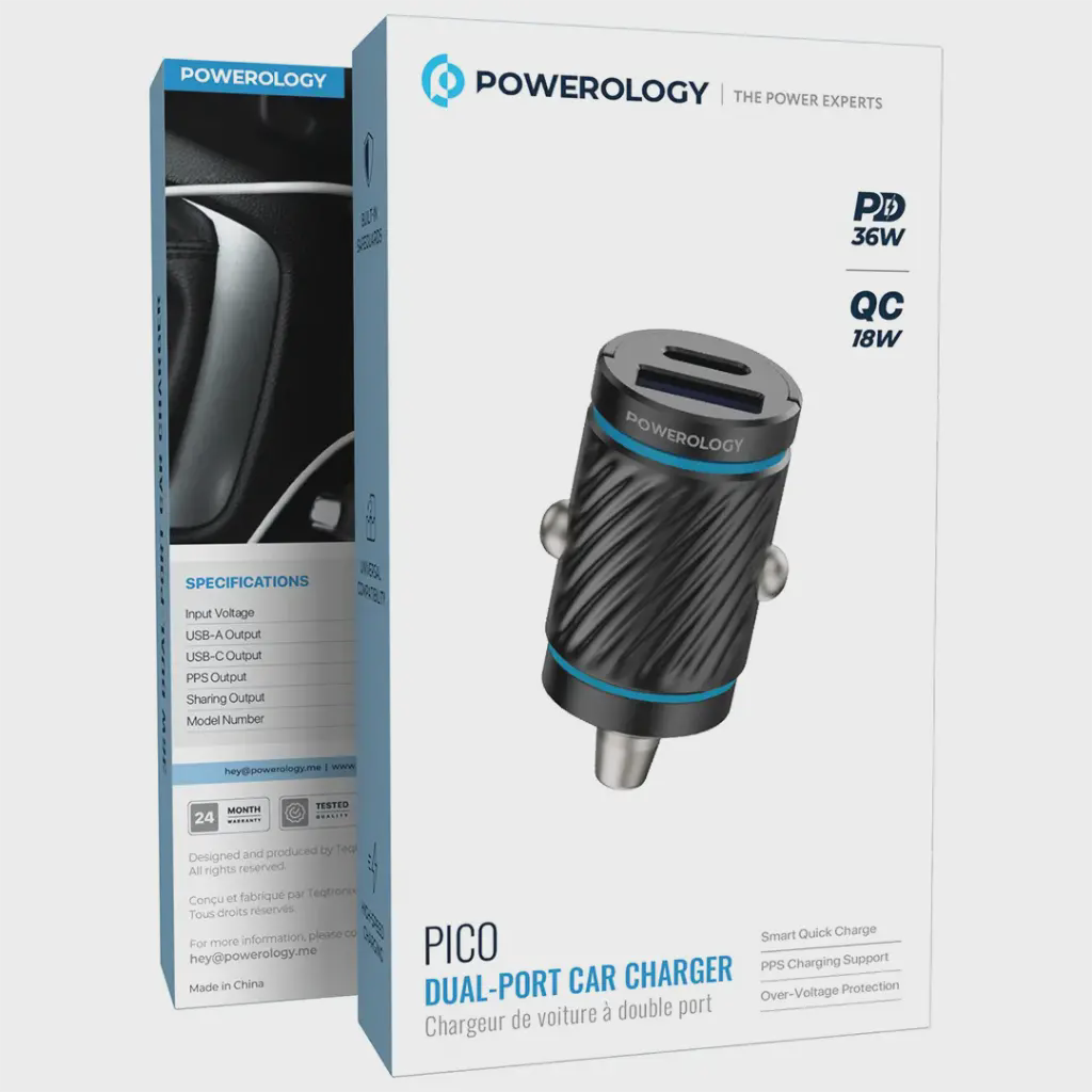 شارژر فندکی پاورولوژی Pico Dual Port 36W مدل PCCSR023BK