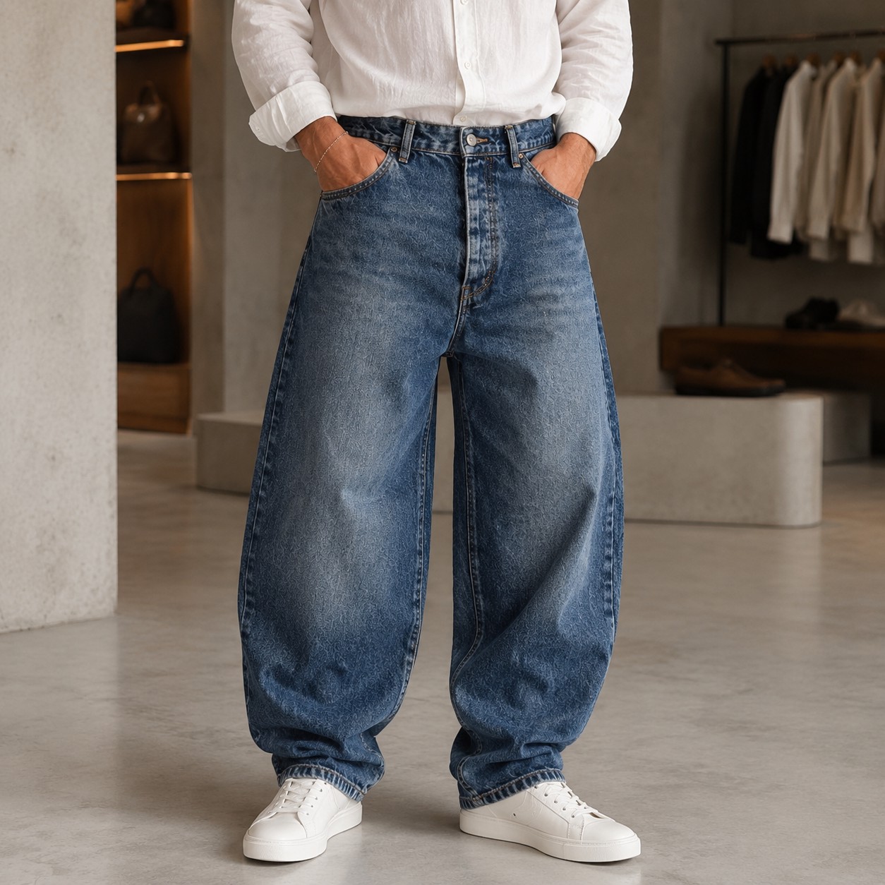 شلوار بگ بالونی مردانه جنس جین رنگ آبی کلاسیک (Men s Balloon-Fit Baggy Jeans Classic Blue)