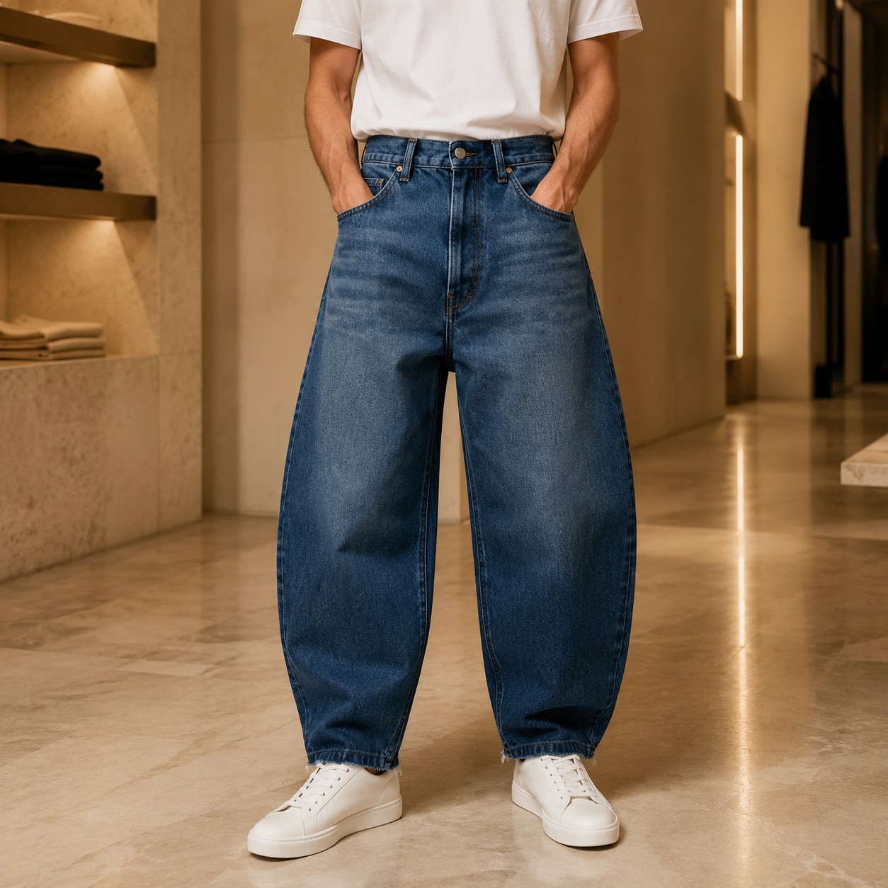 شلوار بگ بالونی مردانه جنس جین رنگ آبی تیره سنگ شور (Men s Balloon-Fit Baggy Jeans Dark Washed Blue)