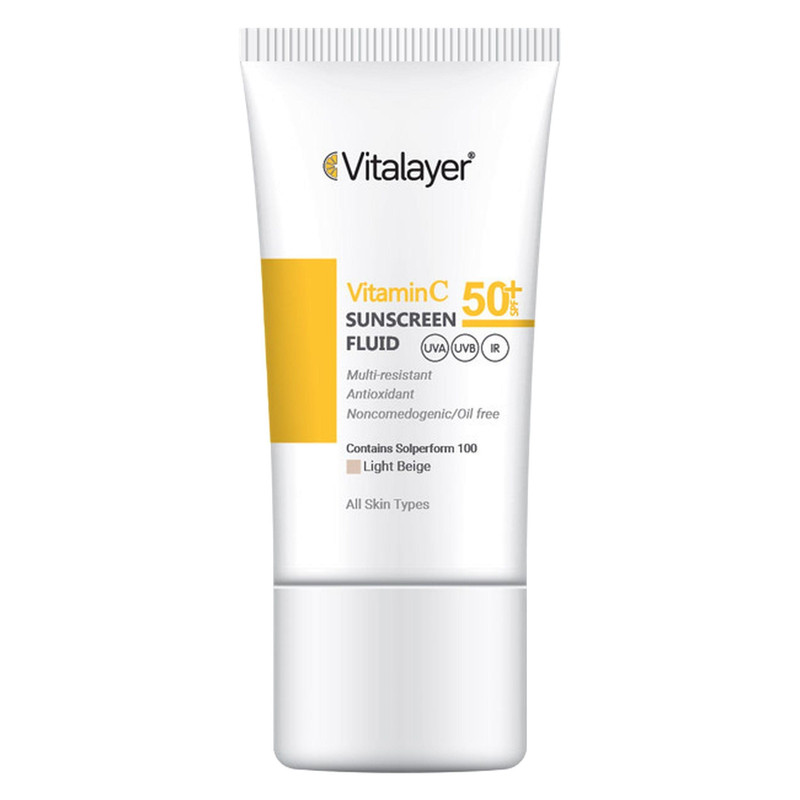فلوئید ضدآفتاب رنگی ویتالیر، 50 SPF، مدل Vitamin C، مناسب انواع پوست تنالیته رنگ متوسط و حجم 50 میلیلیتر، ضد آب، محاف...