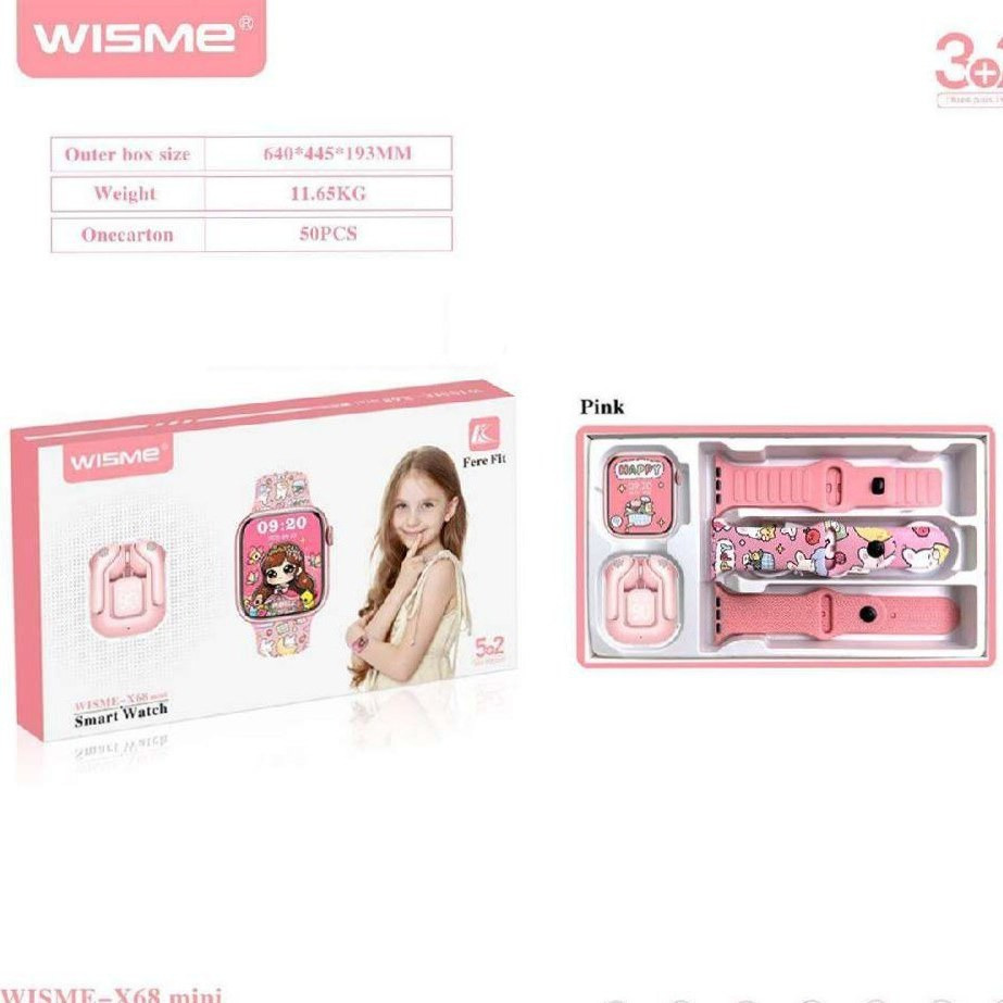 پک هدیه دخترانه ساعت هوشمند با ایرپاد . اسمارت واچ . کادو صورتی . WISME X68MINI (ارسال رایگان سریع)