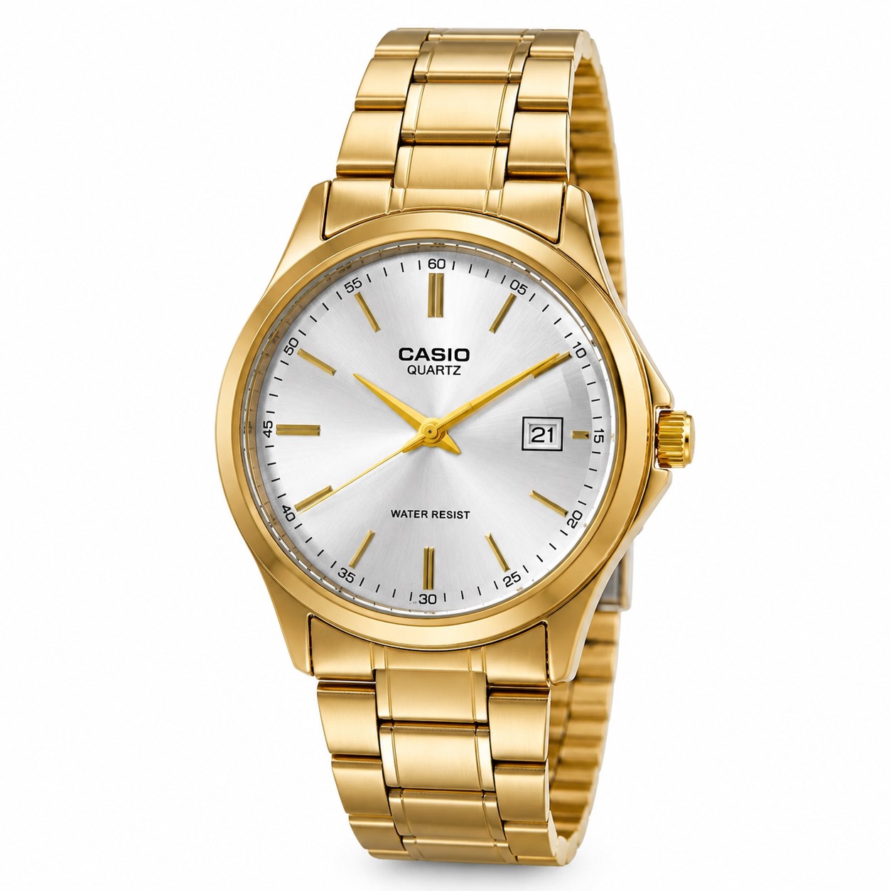 ساعت مردانه مچی کلاسیک کاسیو – بدنه و بند تمامطلایی با صفحه نقرهای (Casio Gold-Tone Quartz Classic)