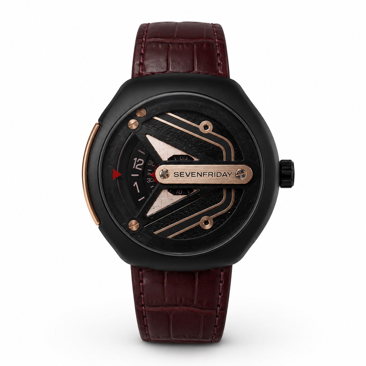 ساعت مچی SevenFriday – نسخه Black & Burgundy Rose Gold | طراحی صنعتی لوکسSEVENFRIDAY