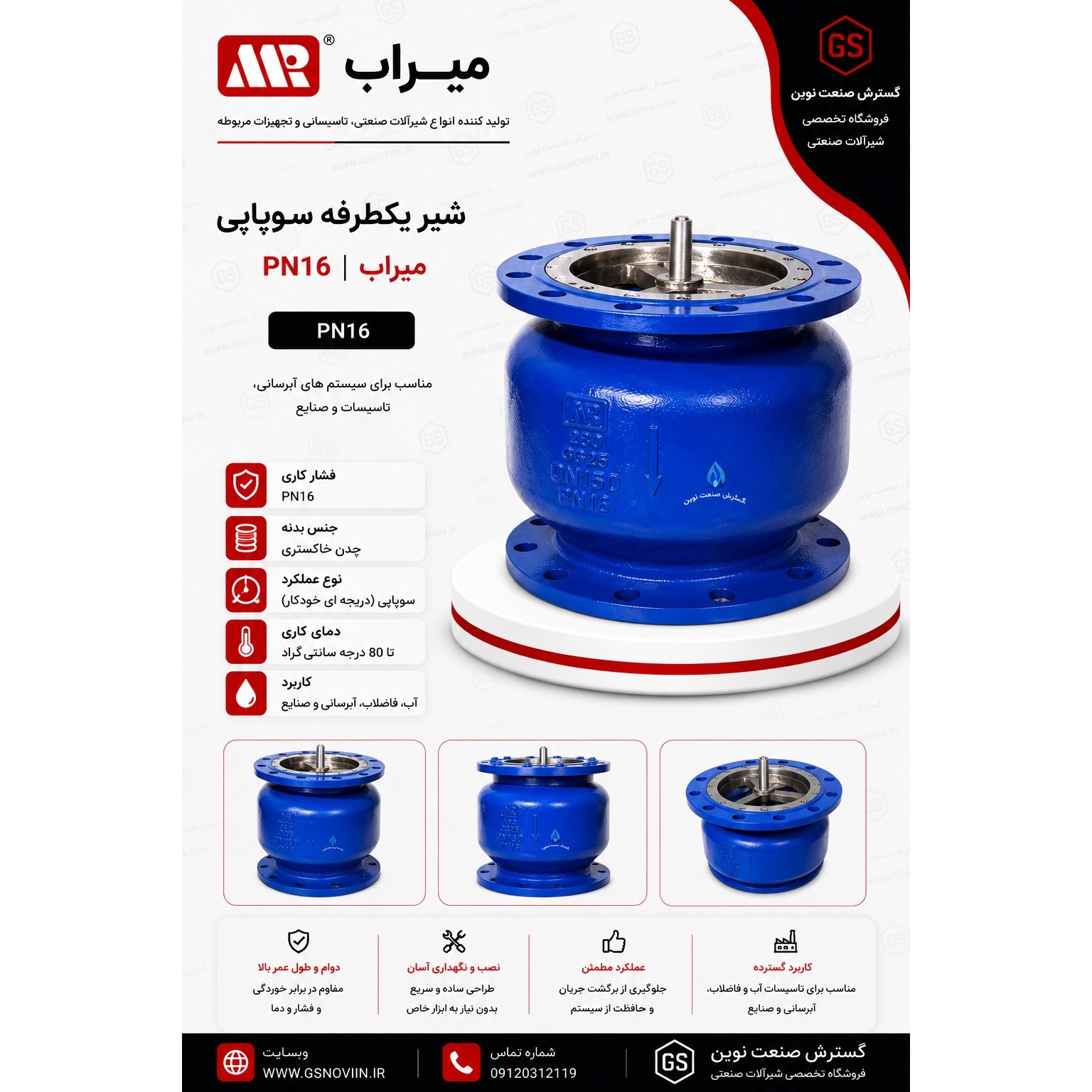 شیر یکطرفه سوپاپی فنردار فلنجی PN16 چدنی میراب (مدل NLF)
