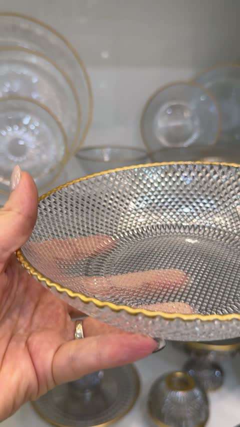 بشقاب خورشت خوری شیشه ای لب طلا طرح پیکسل( ست 6 عددی )