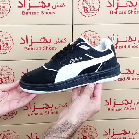 کتونی پوما پسرانه مردانه رنگ مشکی سفید سایز 40 تا 45 دور دوخت کفی طبی رویه چرم صنعتی لژ سه و نیم سانتی زیره ترمو عطری