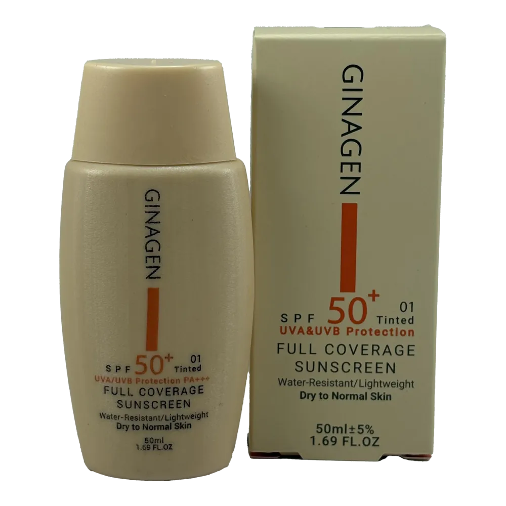 کرم ضد آفتاب رنگی ژیناژن (GINAGEN) مدل Full Coverage SPF50 | پوشش کامل و آبرسانی برای پوست معمولی و خشک | رنگ 01 | حجم 5