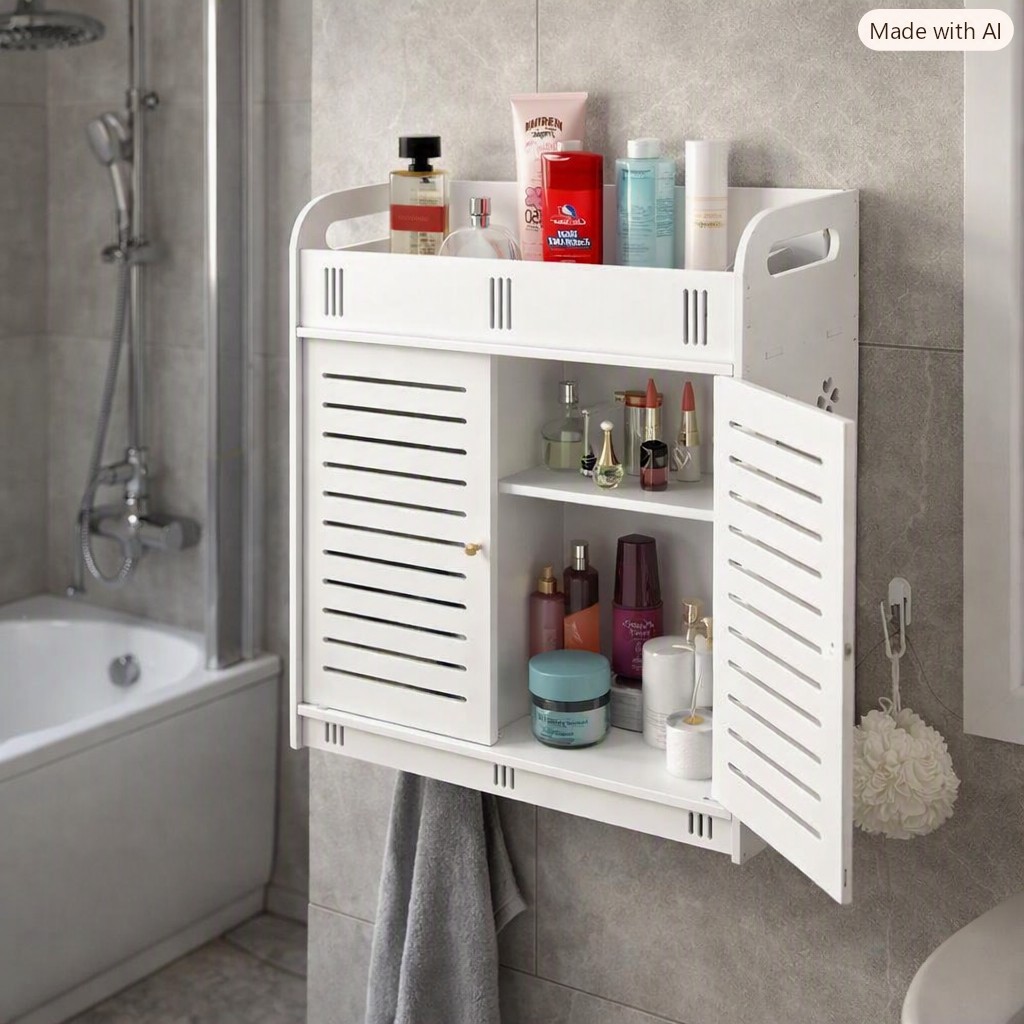 شِلف باکس کابنیتی دیواری سایز متوسط حمام ضدآب PVC نانو مدل درب کامل