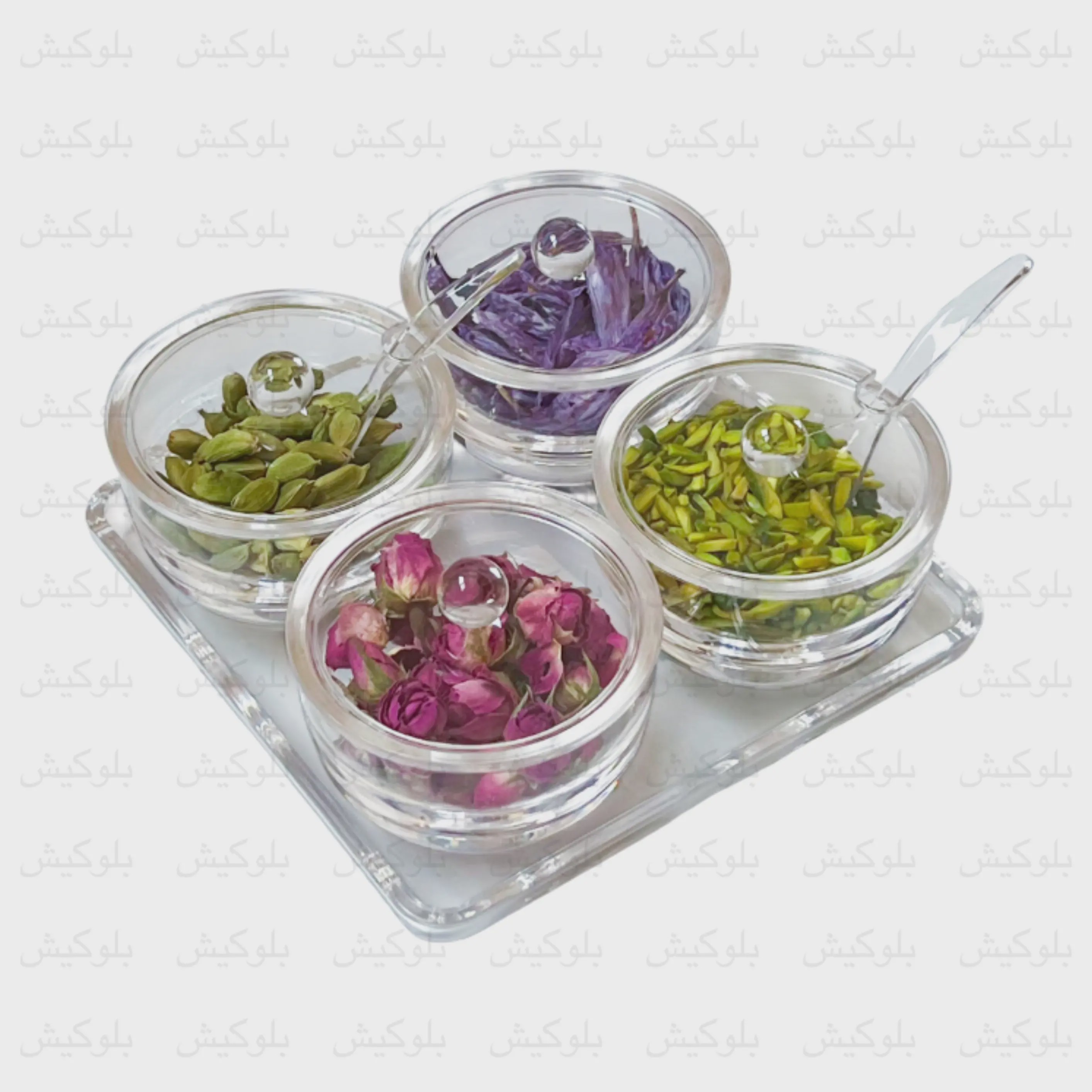 ظرف ست اردو خوری و پذیرایی تایوانی 4 پیاله دربدار با سینی و قاشق