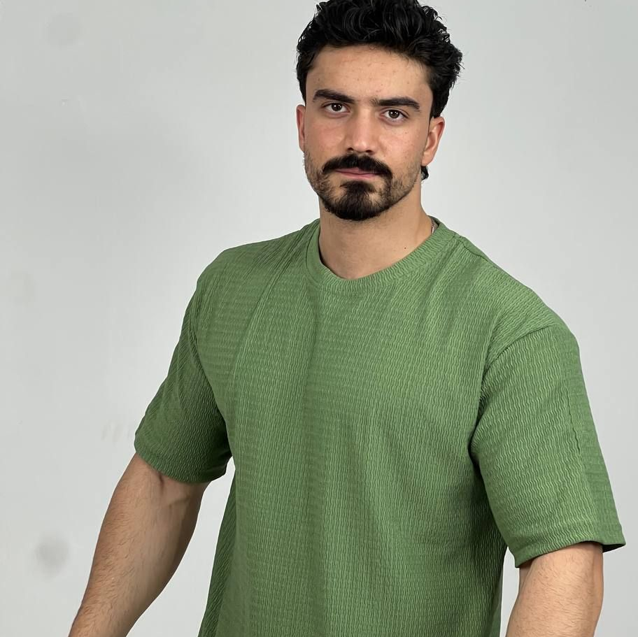 تیشرت مردانه آستین کوتاه یقه گرد سبز زیتونی طرح بافت کد 221