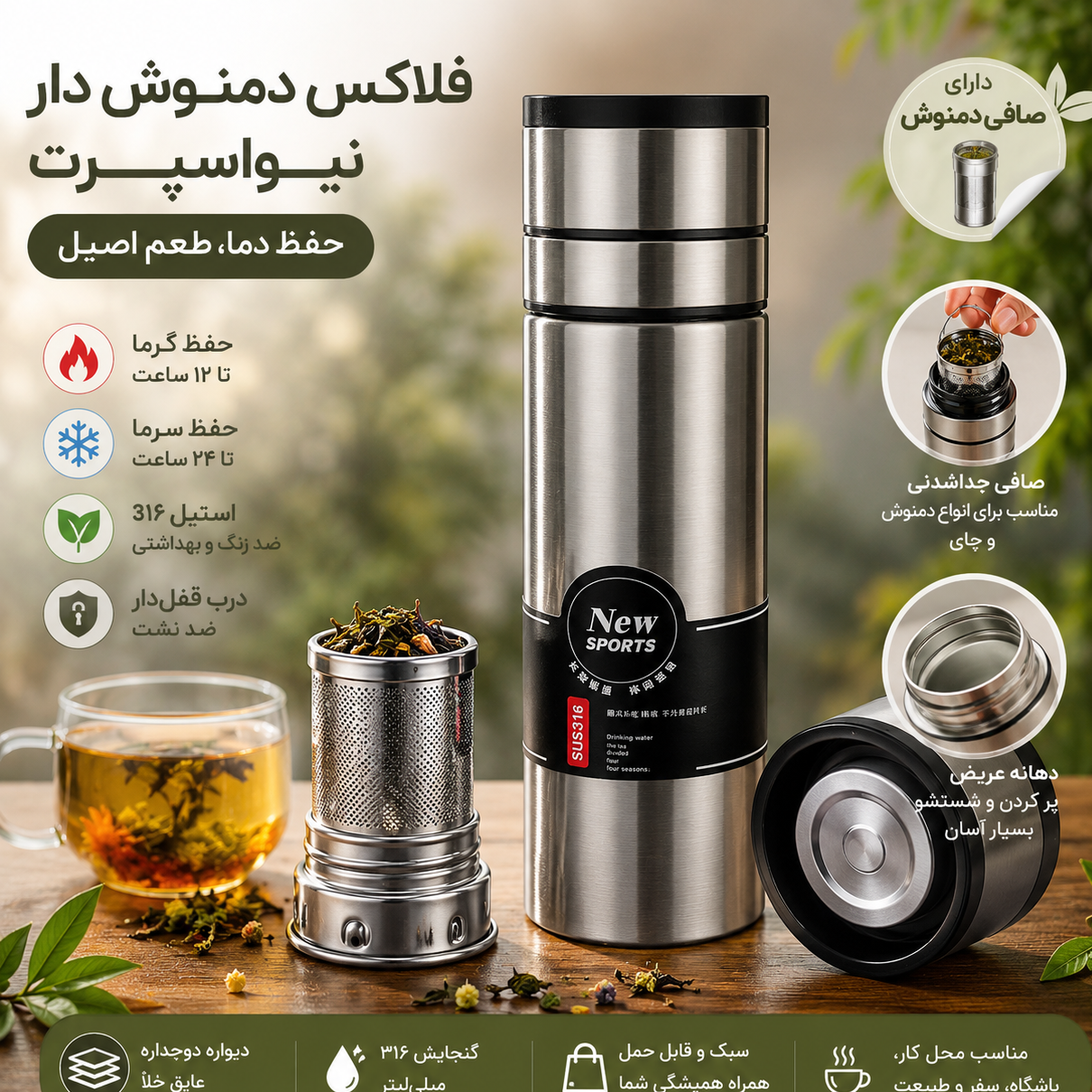 فلاسک قلمی استیل 600 میلیلیتر New Sports
