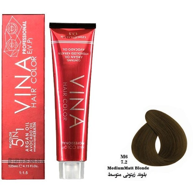 رنگ مو وینا شماره M6 - 7.2 حجم 125 رنگ بلوند زیتونی متوسط Vina