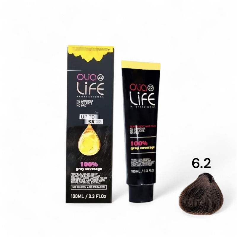 رنگ مو بدون آمونیاک اولیا لایف Olia life سری دودی شماره 6.2 حجم 100 میل بلوند دودی تیره
