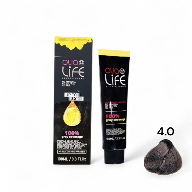 رنگ مو بدون آمونیاک اولیا لایف Olia life سری طبیعی شماره 4.0 حجم 100 میل قهوه ای