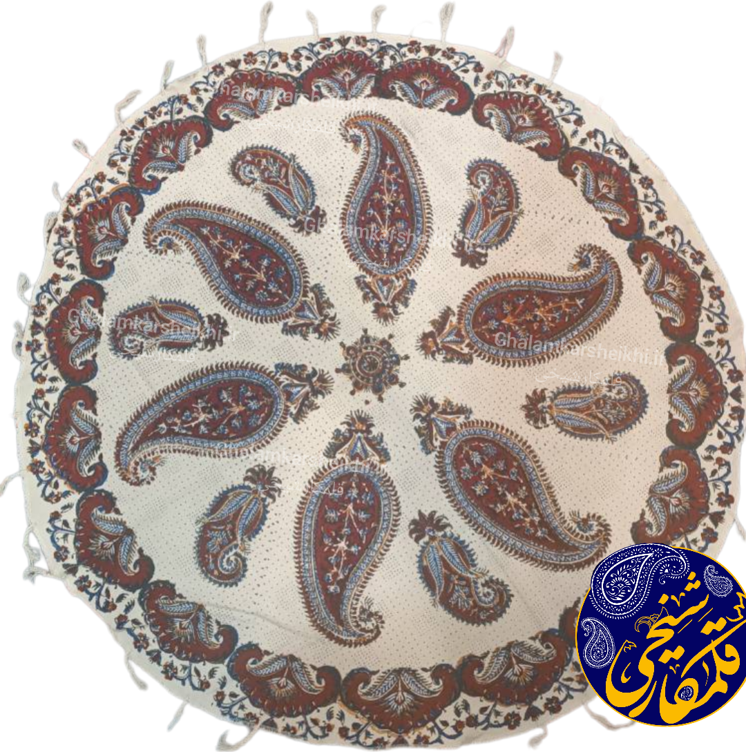 رومیزی گرد چاپ قلمکار شیخی سایز قطر 80 طرح بته جقه