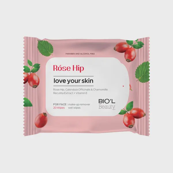دستمال مرطوب پاک کننده آرایش صورت بیول مدل رزهیپ مناسب انواع پوست 20 عدد Biol Rose Hip Wipes For All skin Types 20 wipes