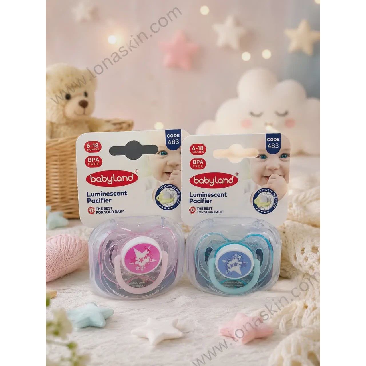 پستانک ارتودنسی شب تاب بیبی لند کد 483 مناسب 6 تا 18 ماه Baby Land Night time Orthodontic Pacifier Code 483 6-18 Months