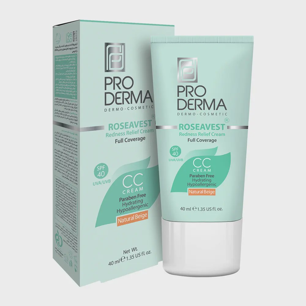 سی سی کرم برای پوستهای معمولی وحساس با SPF40 پرودرما Proderma Redness Relief And Full Coverage Cream 40 ml