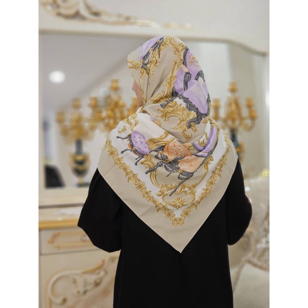 روسری ابریشم ژاکارد رنگ کرم وارداتی