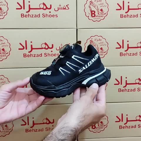 کتونی salomon بچه گانه پسرانه اسپرت سایز 26 تا 31 رنگ مشکی زیره پیو لژ 3 سانتی رویه بافتی بند پُمپی فنری
