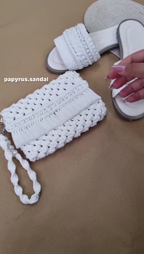 ست صندل و کیف مکرومه بافی پاپیروس مدل مروارید