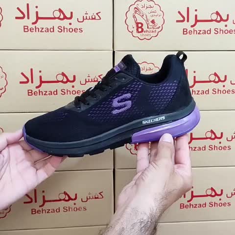 کتونی اسکیچرز راحتی دخترانه رنگ مشکی بنفش زیره پیو لژ 3 سانتی کفی طبی برجسته خارپاشنه رویه بافت خارجی سایز 37 تا 40 سبک