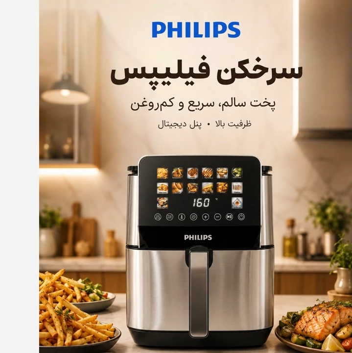 سرخکن فیلیپس 15.5 لیتری دو المنت با 14 برنامه پخت و میوه خشک کن - تمام استیل سبددار با 1 سال گارانتی