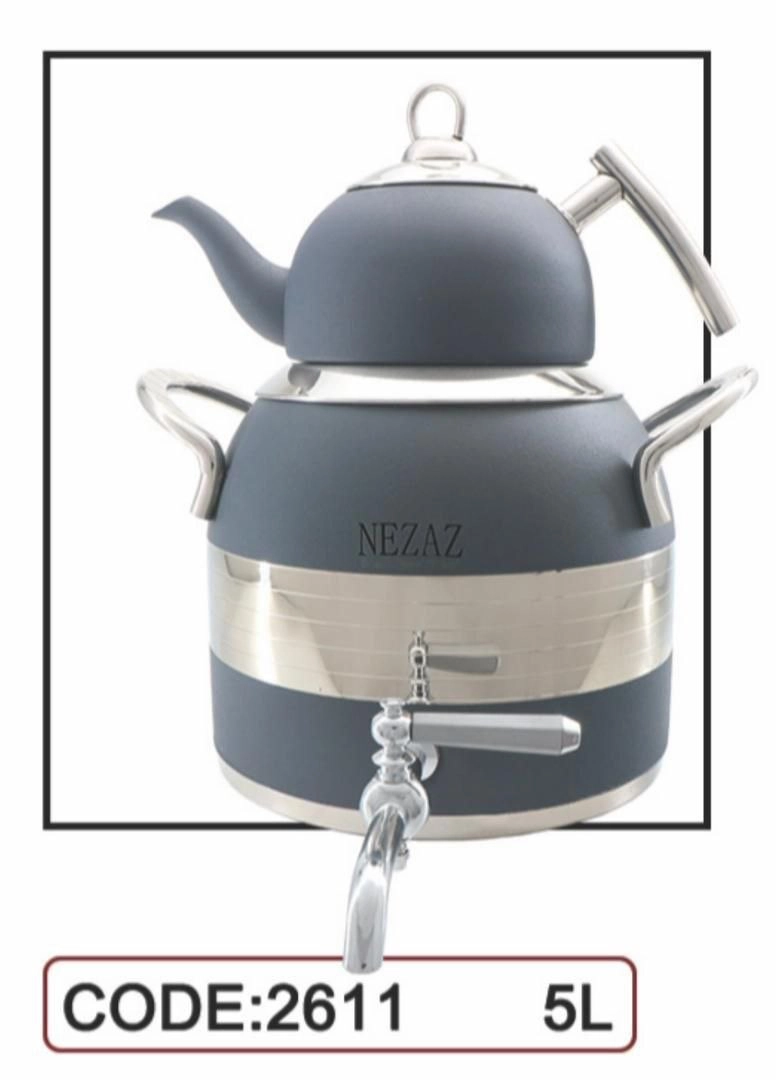 کتری قوری نزاز NEZAZ طرح ترک 5 لیتری طوسی قوری استیل کف چدن کد 2611 (پس کرایه)