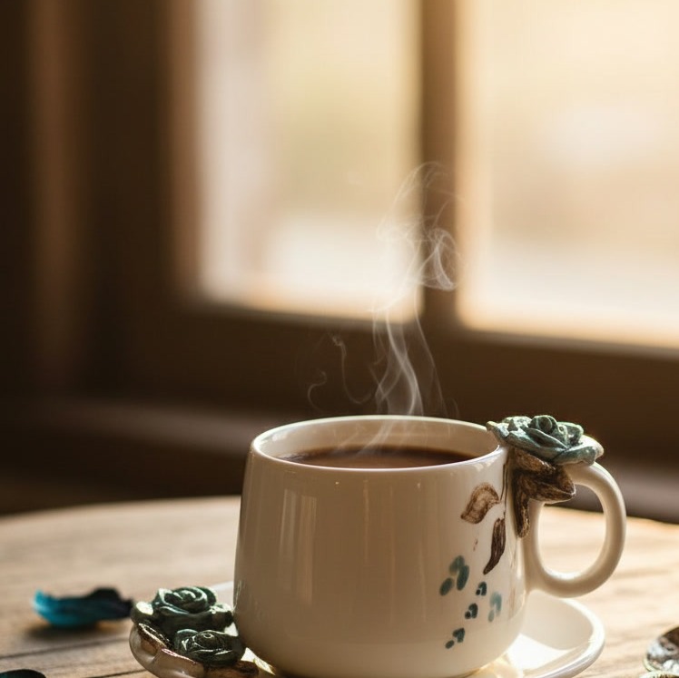 فنجان و نعلبکی سرامیکی گل برجسته (آبی)