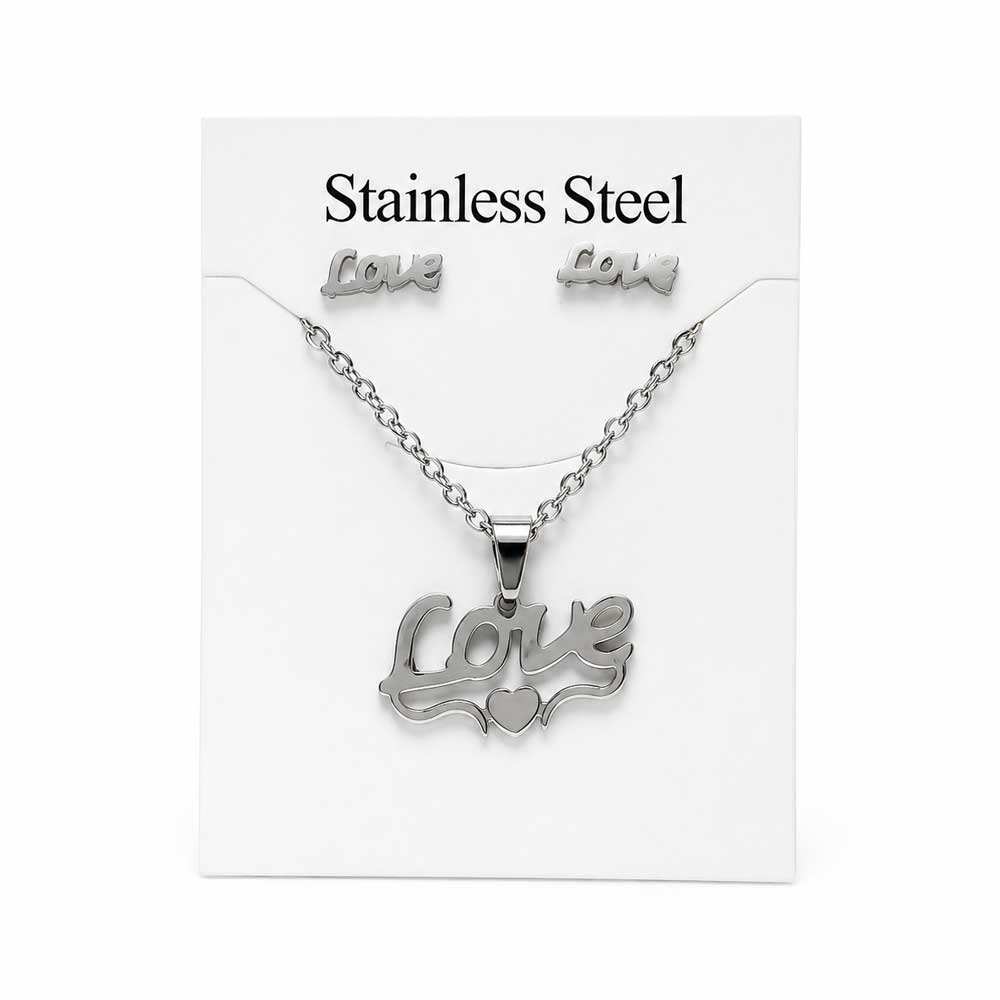 نیم ست استیل زنانه طرح Love نقرهای کد NS-ST-037