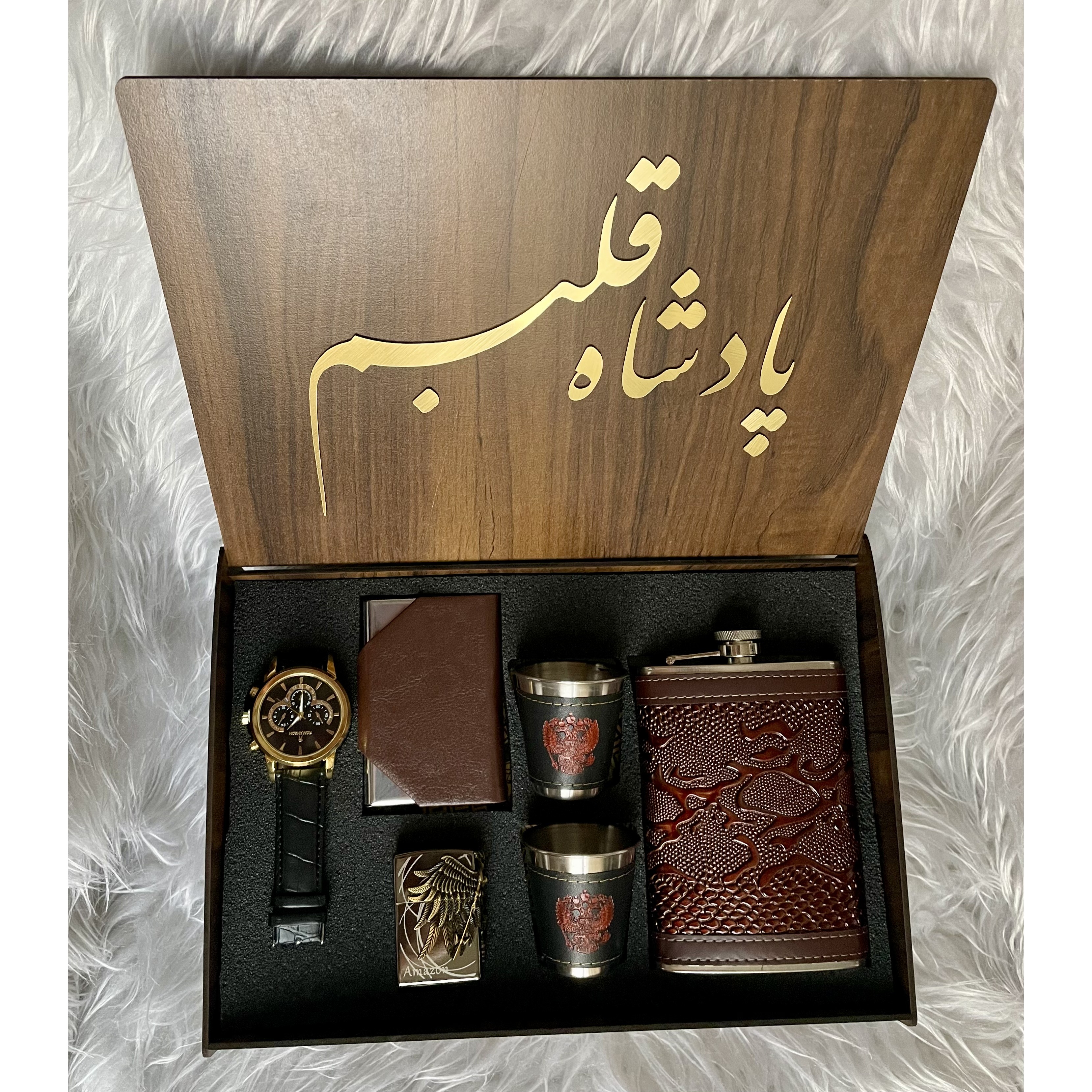 باکس هدیه روز مرد لاکچری مردانه،ساعت،فندک،ست هیپ فلاسک،جاکارتی باکس اختصاصی با انتخاب متن ارسال رایگان