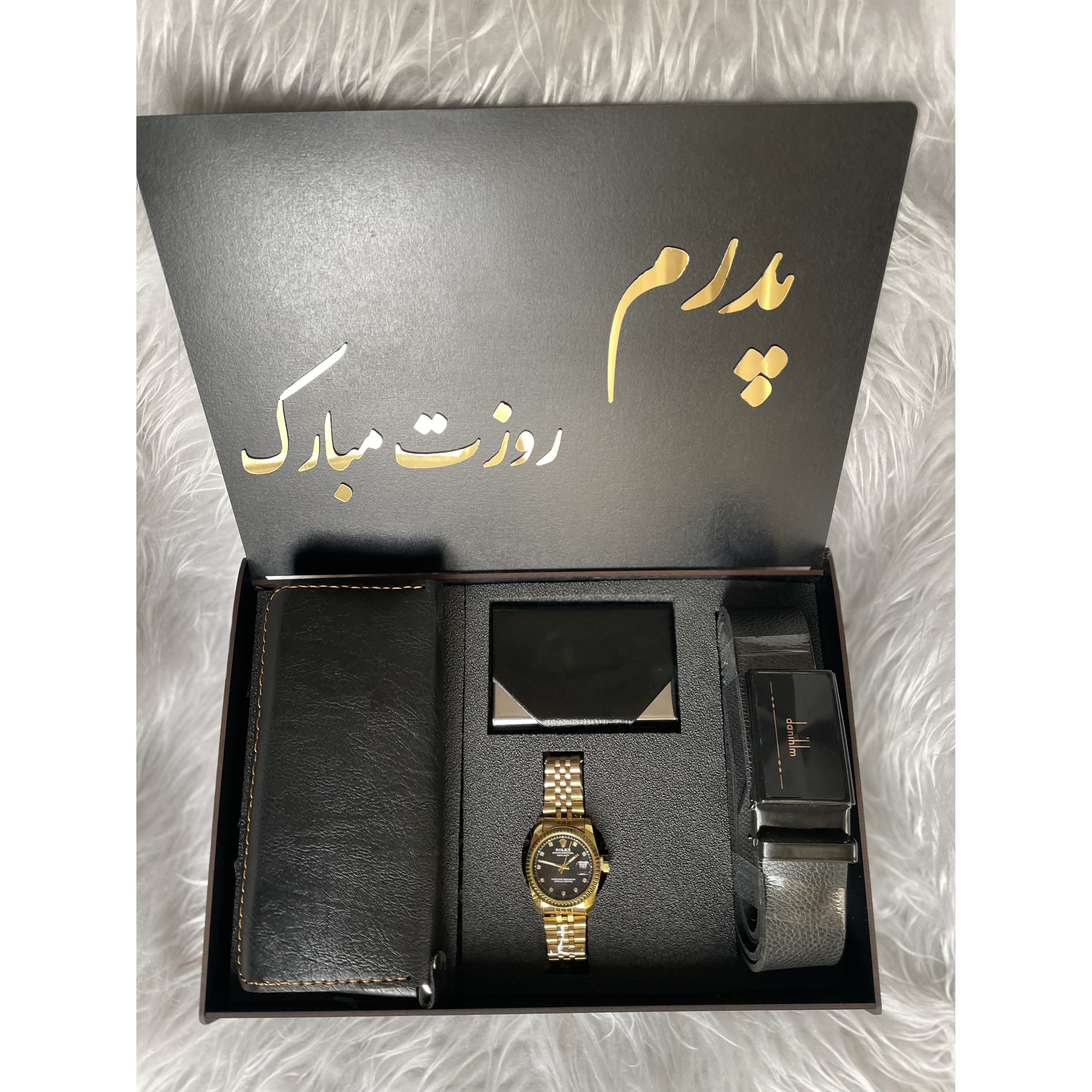 پک هدیه مردانه شیک ساعت مچی رولکس کیف کمربند جاکارتی مناسب تولد و روز مرد انتخاب متن 05