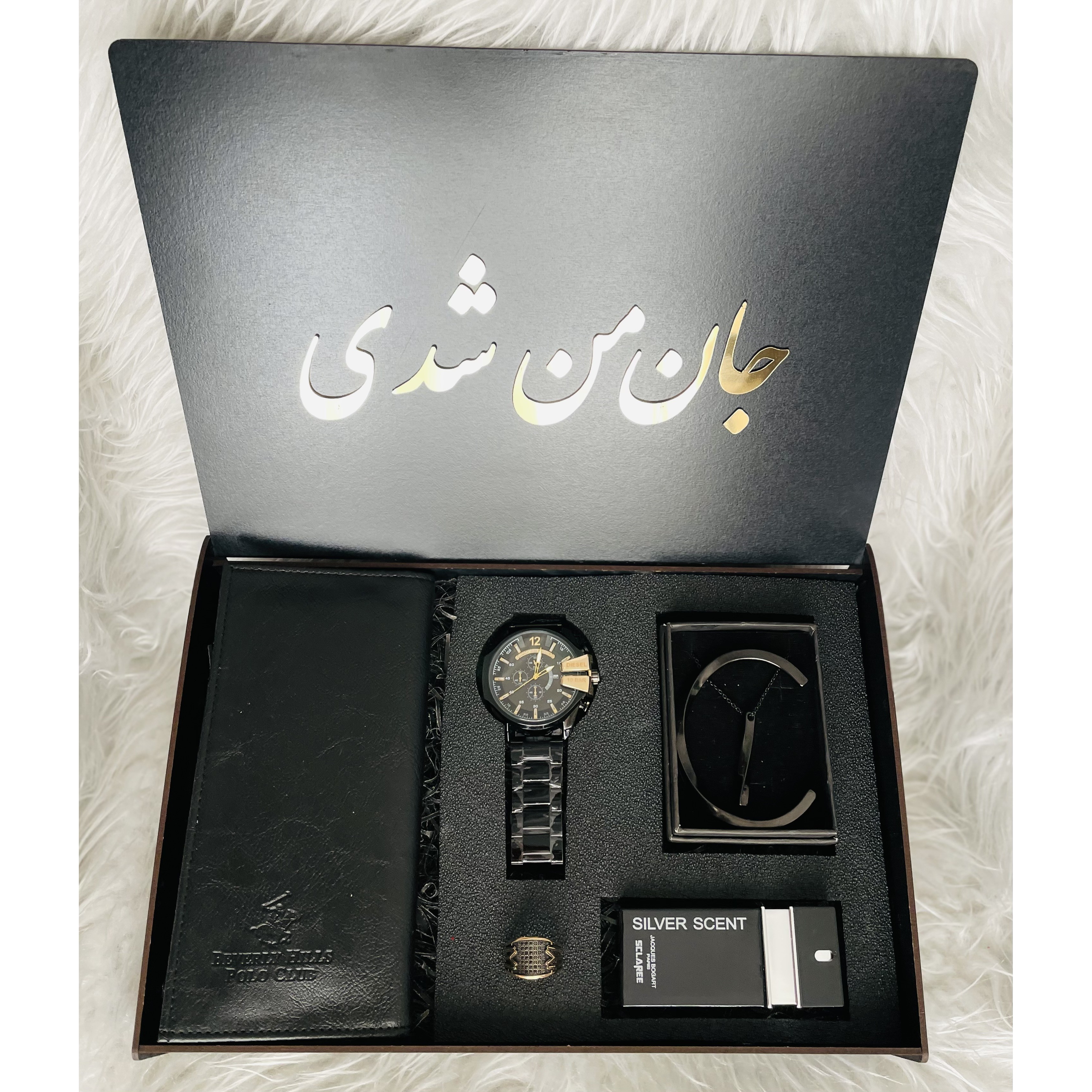 پک هدیه مردانه لاکچری جان من شدی شامل ساعت، کیف پول، زنجیر و عطر(ارسال رایگان)