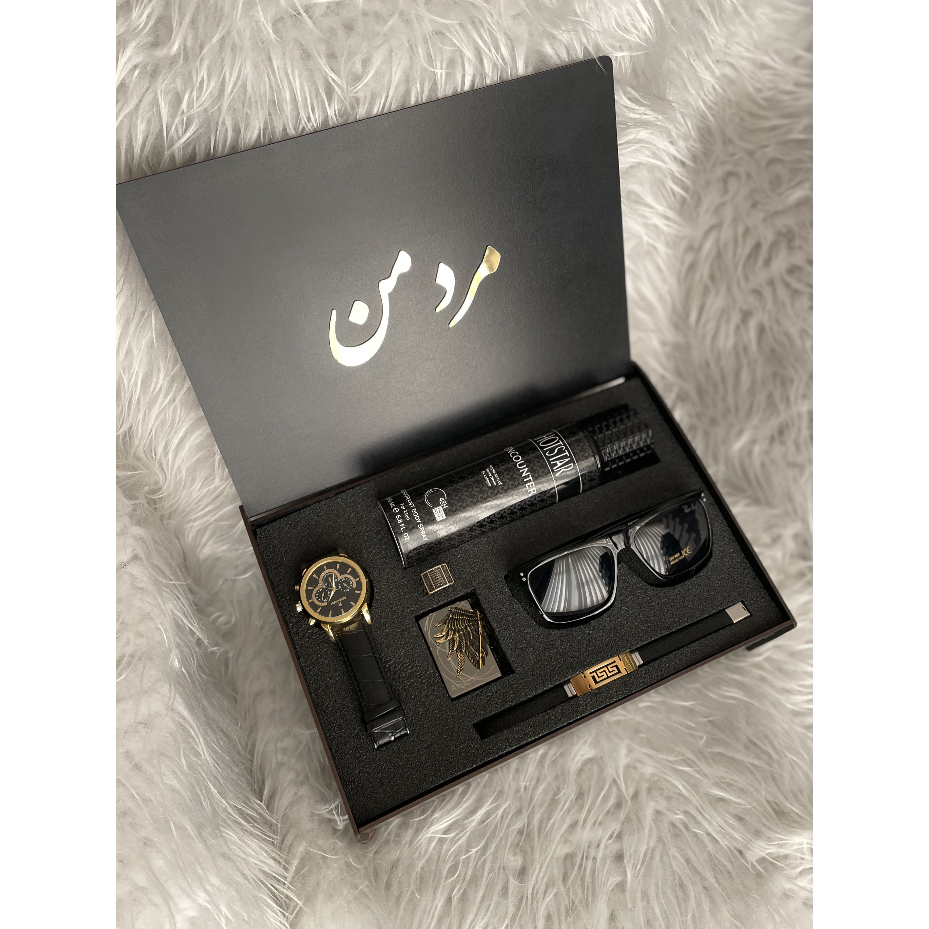 پک هدیه مردانه لاکچری کامل ساعت مچی عطر عینک آفتابی فندک دستبند مناسب تولد و روز مرد