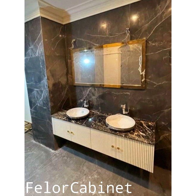 کابینت روشویی دوقلو مدل 1081 صفحه سرامیک پرسلان، سینک چینی، کابینت PVC طرح بامبو