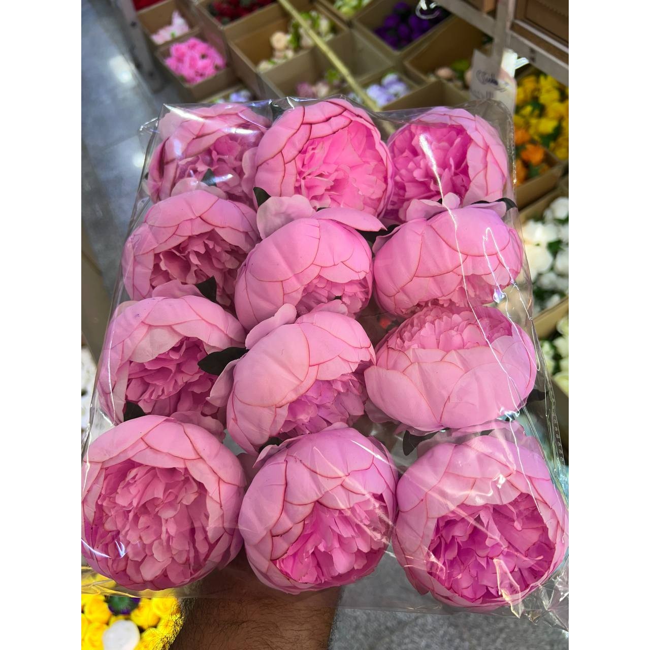 گل مصنوعی پیونی سایز بزرگ صورتی پررنگ 12عددی با شاخه