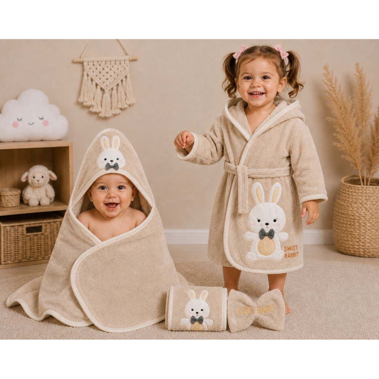 ست سیسمونی نوزادی 4تیکه طرح خرگوش پاپیون دار رنگ کرمی با جعبه مارک lovi baby.اورجینال.دوخت با کیفیت.نرم و لطیف.جنس ا...